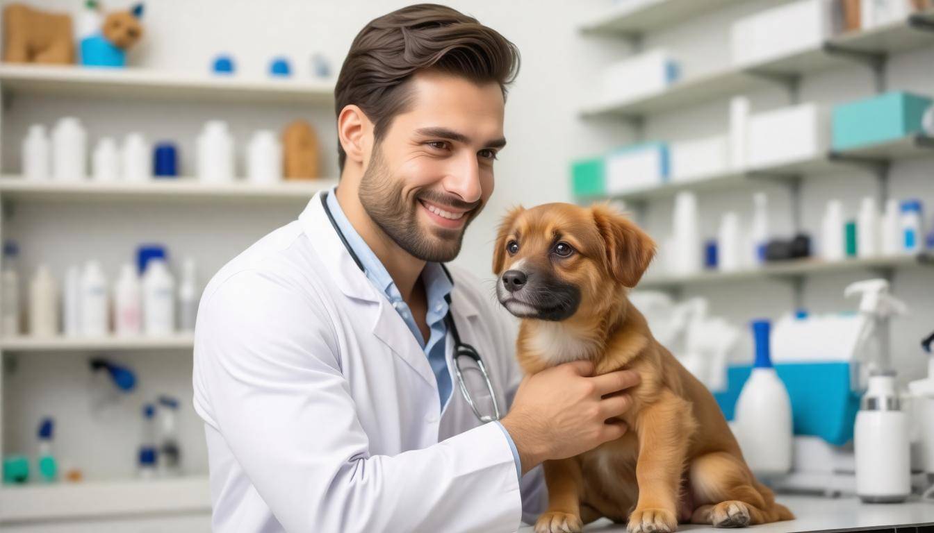 Caring vet with dog