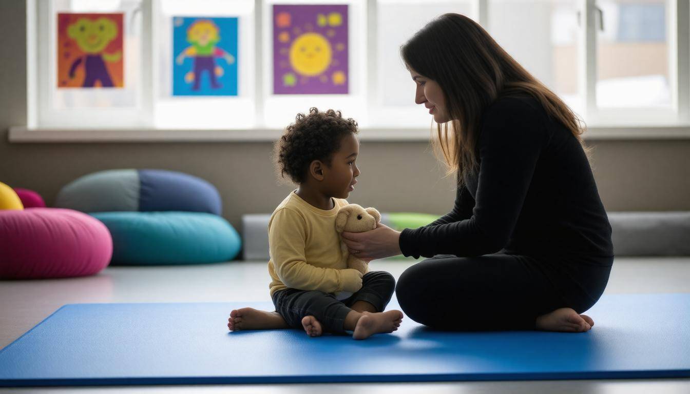 Counselor comforting child