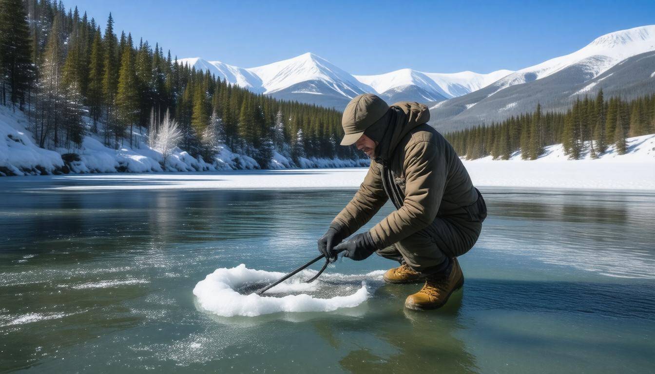 Survivalist on frozen river