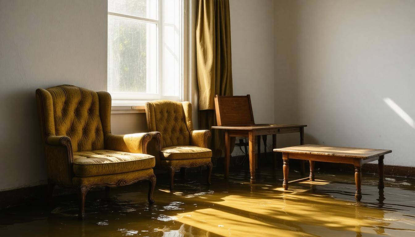 Flood-damaged furniture scene
