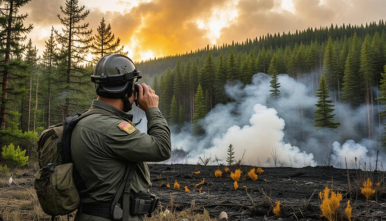 Forest ranger monitoring fire
