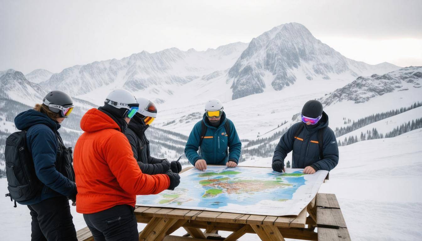 Skiers assessing avalanche risks