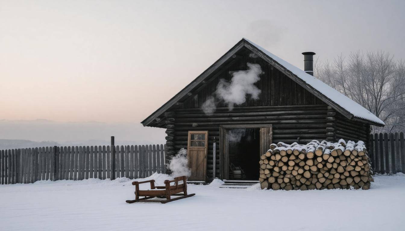 Snowy rural cabin