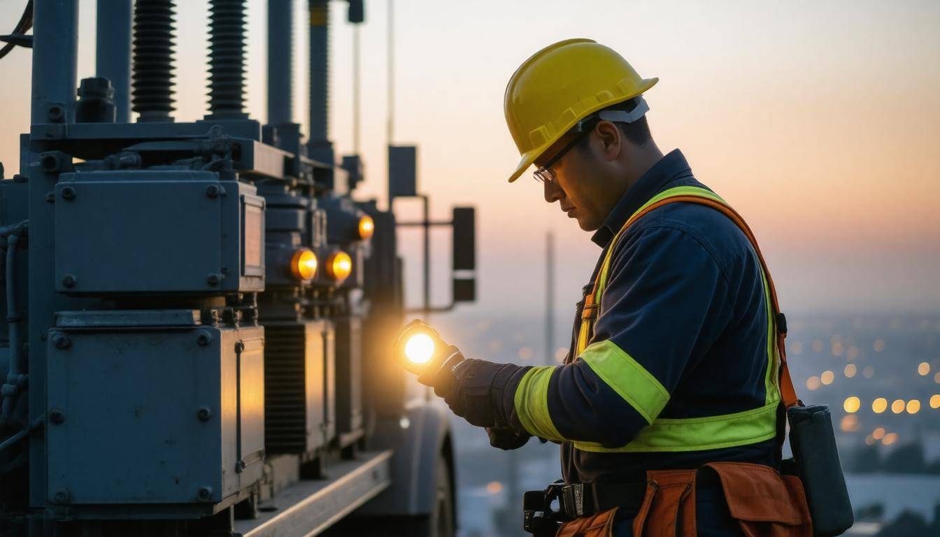 Utility worker inspecting transformer